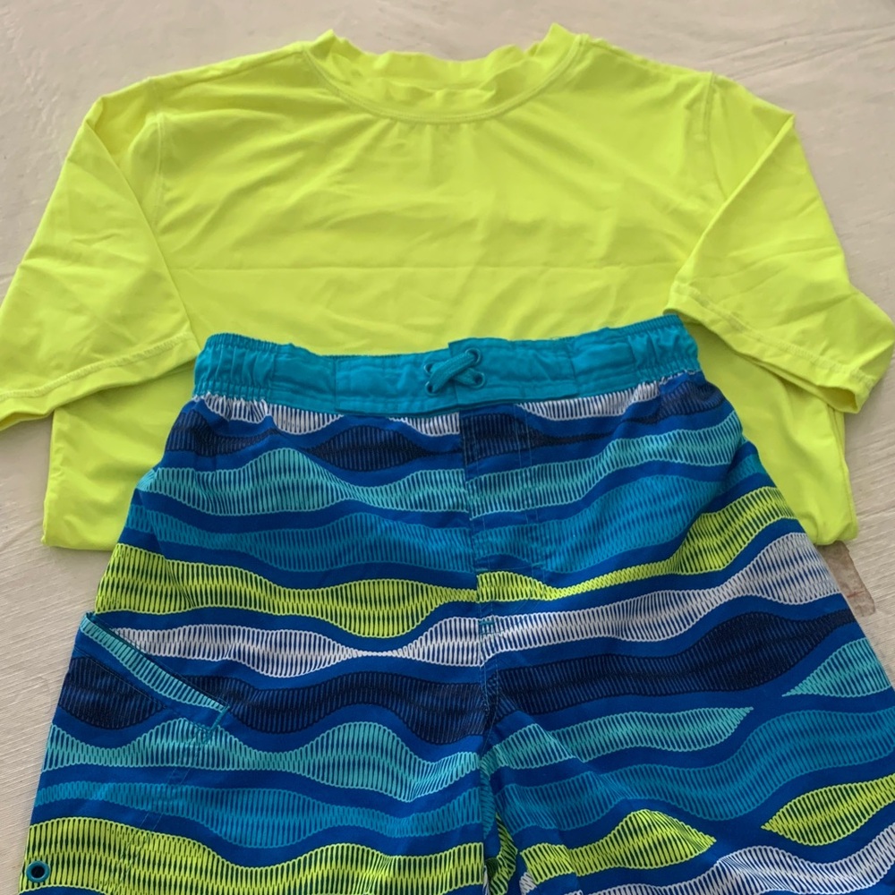 Kids Neon Yellow Swim Set Rash Guard Top & Blue Wave Swim Trunks L-XL